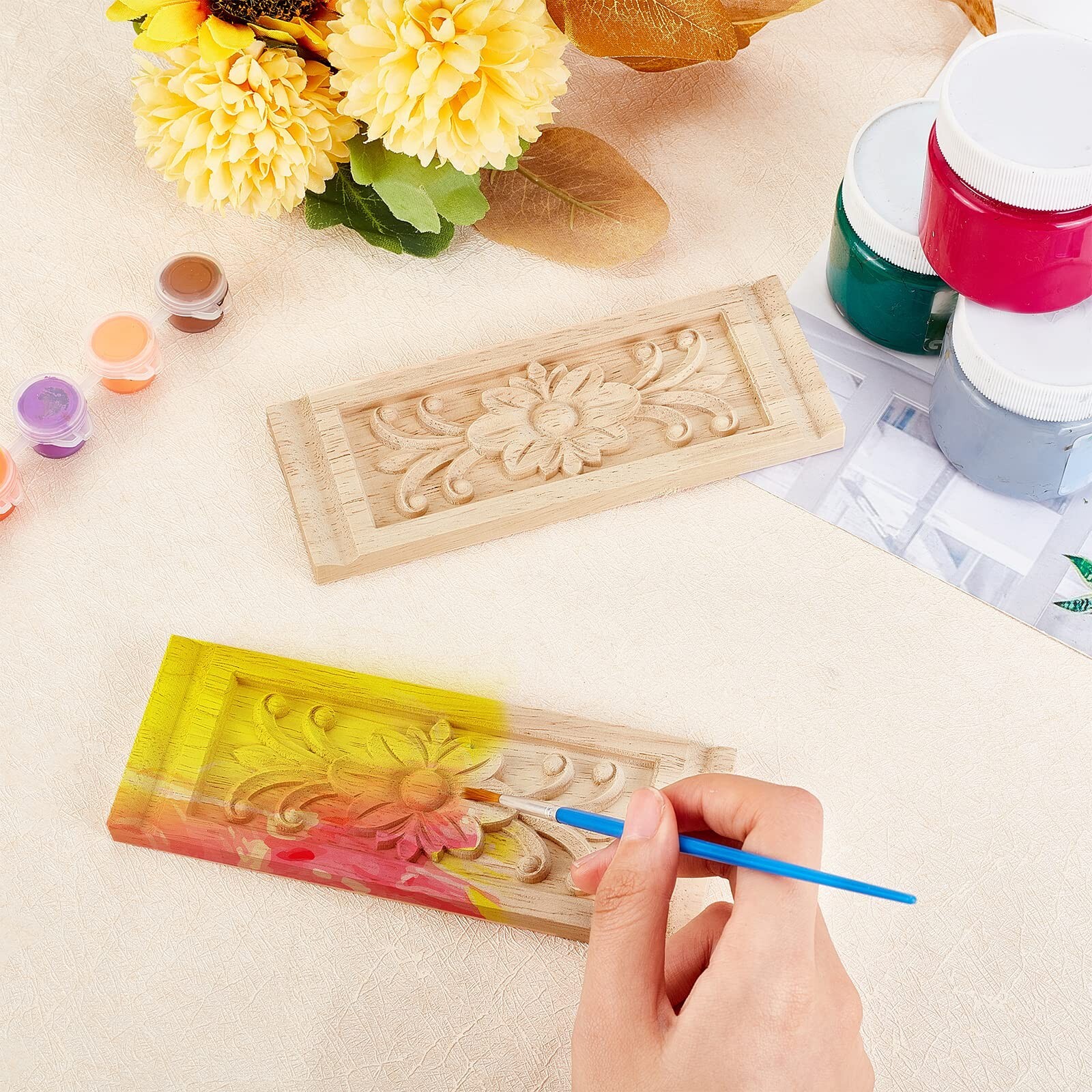 SUPERFINDINGS 2PCS Rectangle with Flower Wood Carving Decal 6.3×2.4inch Unpai…