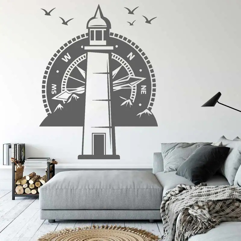 Lighthouse Compass Nautical Travel Wall Decal Beach Style Mountain Bird Compass