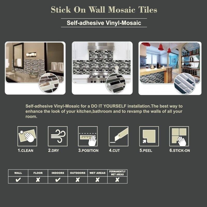 10pc. 3D black Subway Tile Peel And Stick Self Adhesive Wall Sticker Home Decor