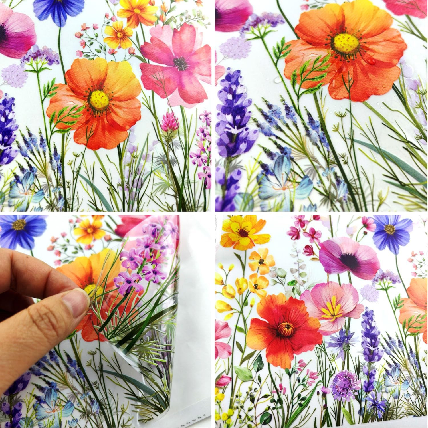 Flower Garden Window Stickers, Wildflower Grass Door Decals, Lily Peony Poppy Fl