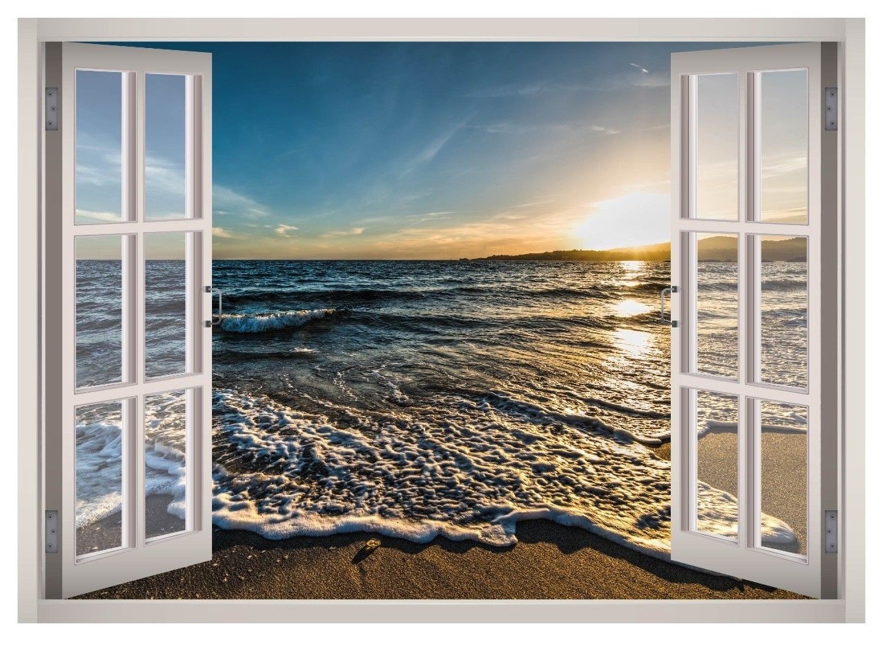 Beach Water View Window 3D Wall Decal Art Mural Home Decor Canvas Vinyl W166