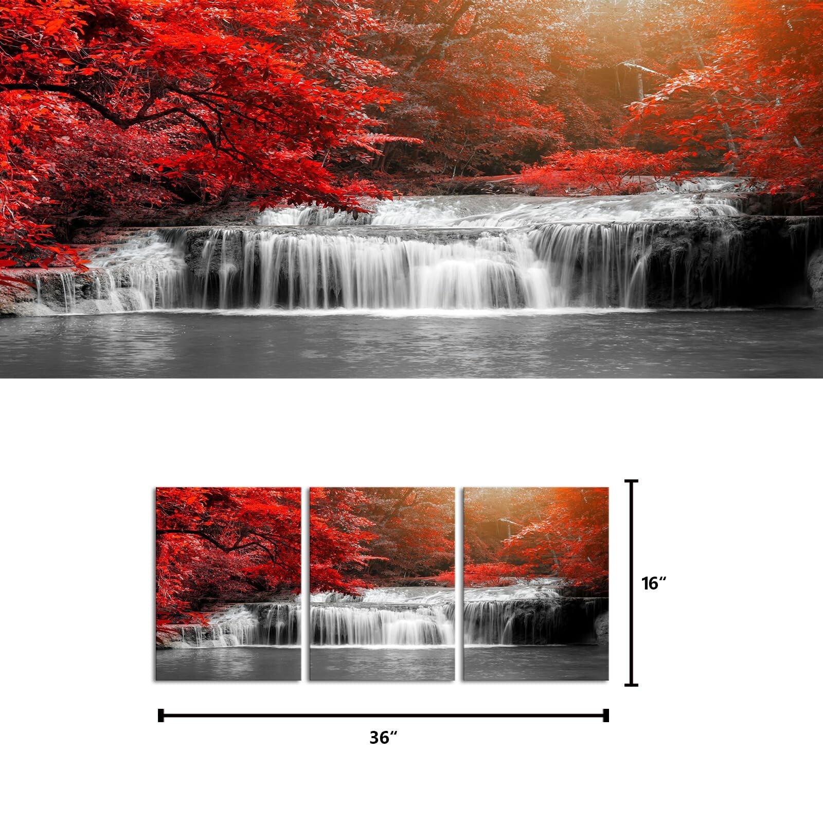 Visual Art Decor 3 Pieces Black White and Red Canvas Wall Art Red Forest Wate…
