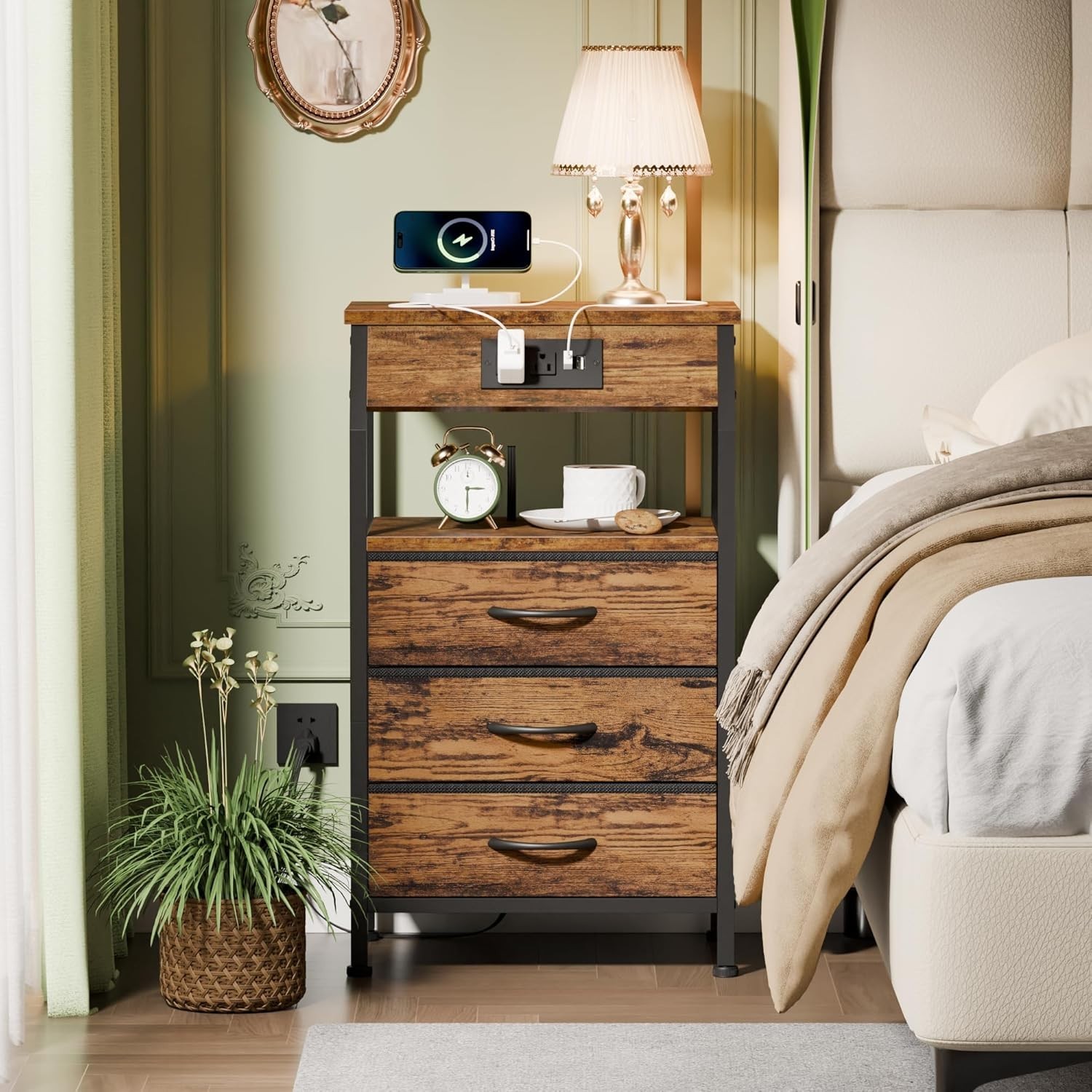 Night Stand with Charging Station, USB Ports and Outlets, 28.3 Inch Tall Beds…