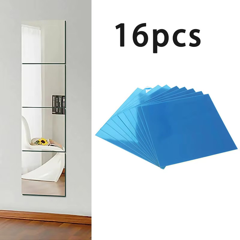 Square Mirror Wall Sticker 16pcs Acrylic Tile DIY Self Adhesive Home Decor