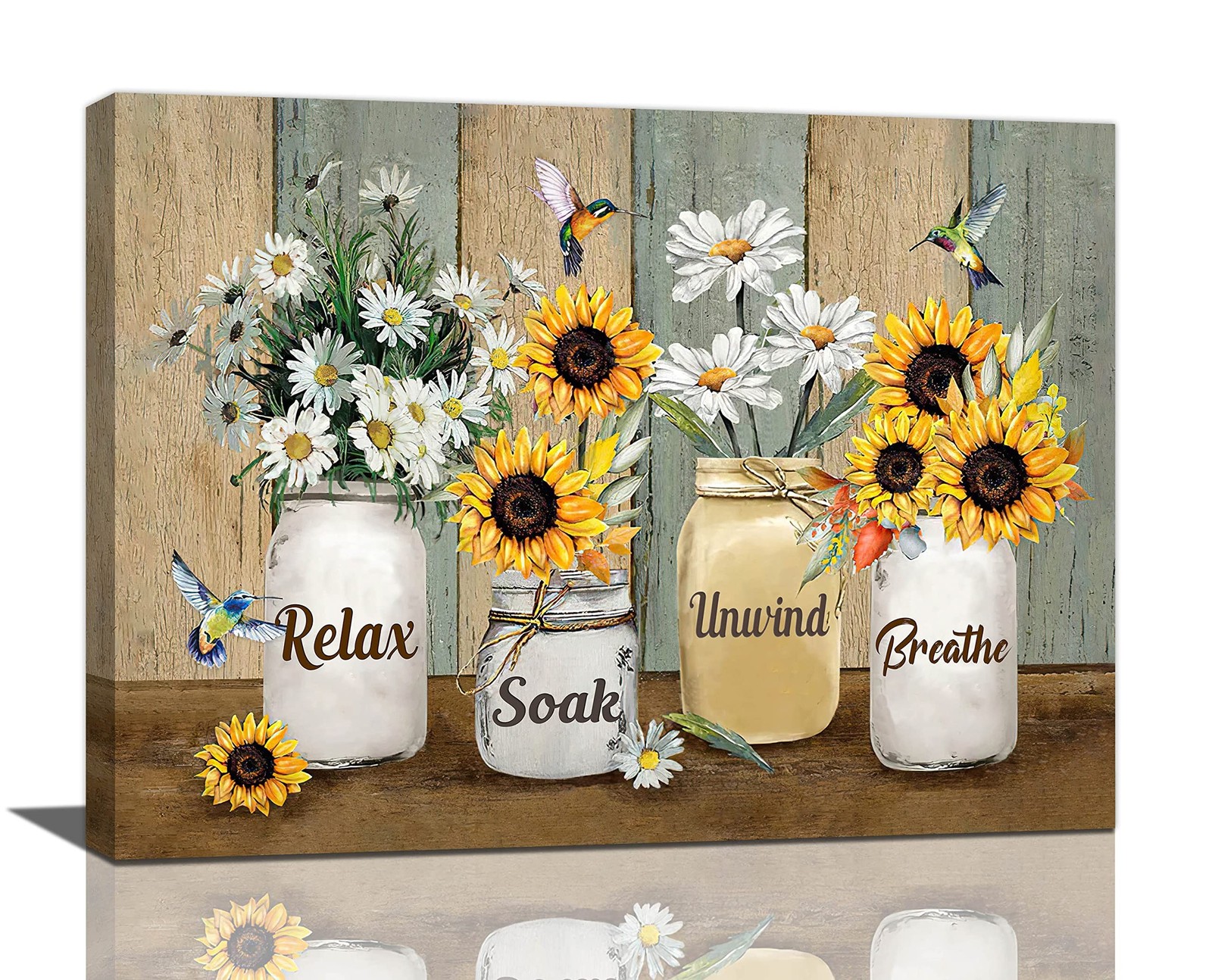 Farmhouse Sunflower Daisy Bathroom Decor Wall Art Rustic Hummingbird Yellow F…