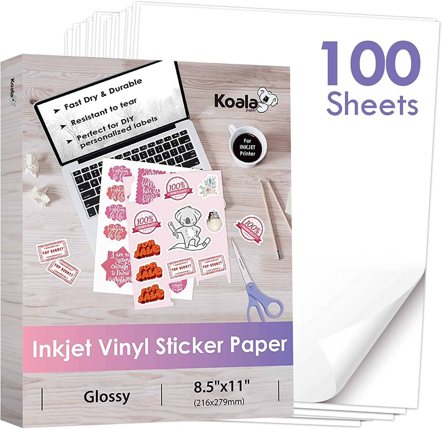 Bulk 100 Printable Vinyl Sticker Paper Glossy White Waterproof Inkjet Laser