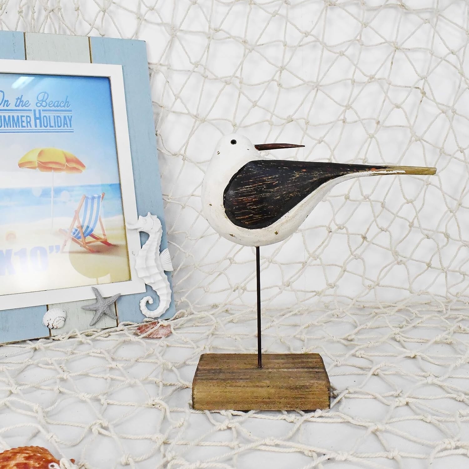 Wooden Sea Bird Statue Seagull On Stand Decor Nautical Coastal Birds Sculpture
