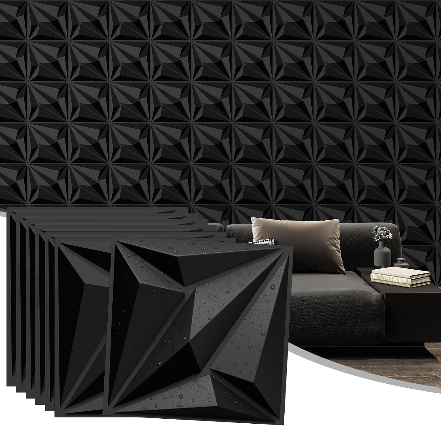 Waterproof 3D Black Wall Panels Set – Lightweight Matte Tiles for Modern Decor
