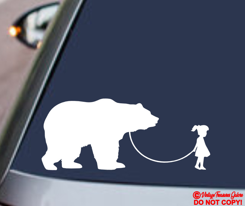 GIRL WALKING A BEAR Vinyl Decal Sticker Car Window Wall Bumper Funny Pet Grizzly