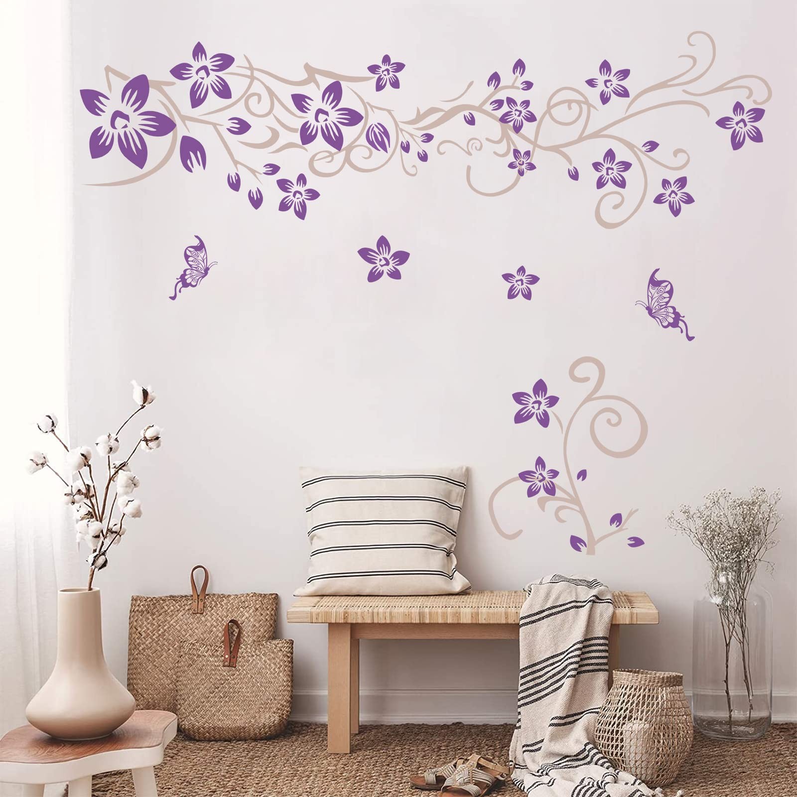 Supzone Flowers Vine Wall Decals Purple Flowers Wall Stickers Butterfly Wall Dec
