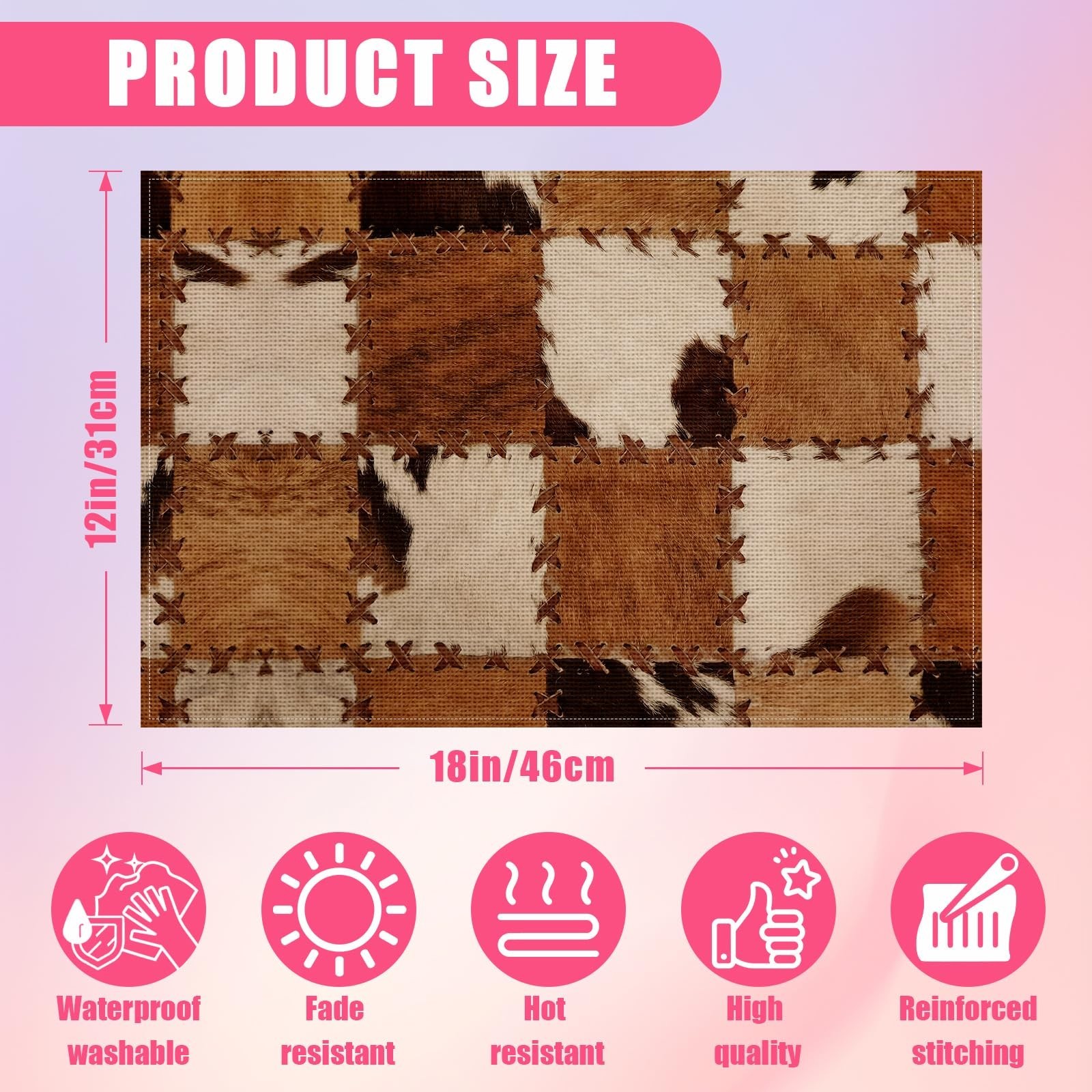 Brown Cowhide Print Placemats Set of 6,12×18 Inch Cow Skin Linen Place Mat Wa…