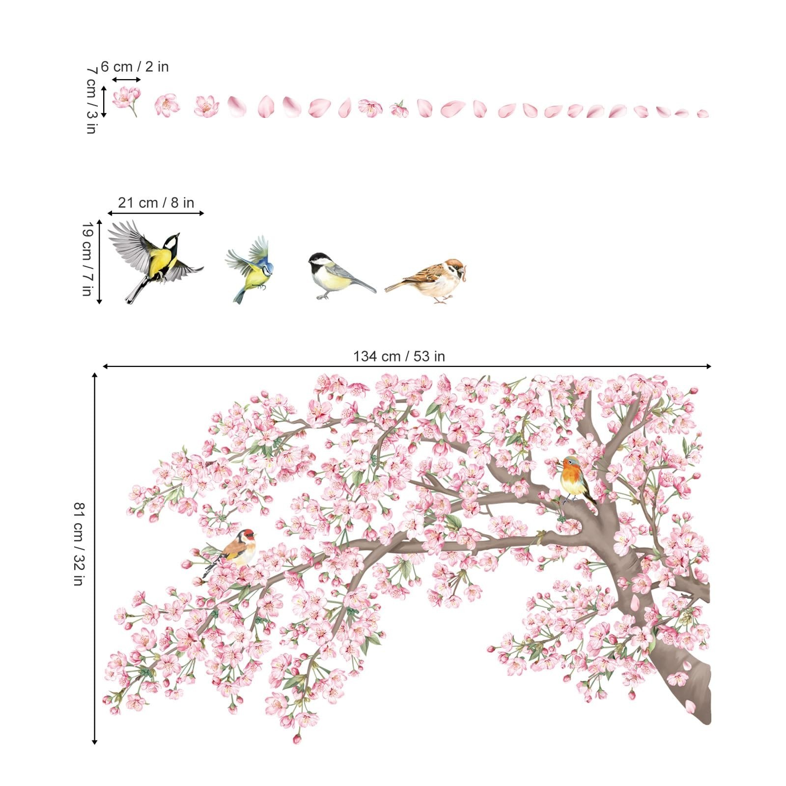 Large Cherry Blossom Tree Wall Stickers – Pink Floral Birds Decals for Nursery &