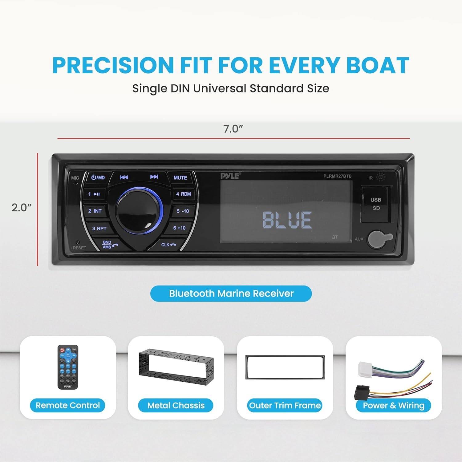 Bluetooth Marine Receiver Stereo – 12v Single DIN Style Boat 300w, Black
