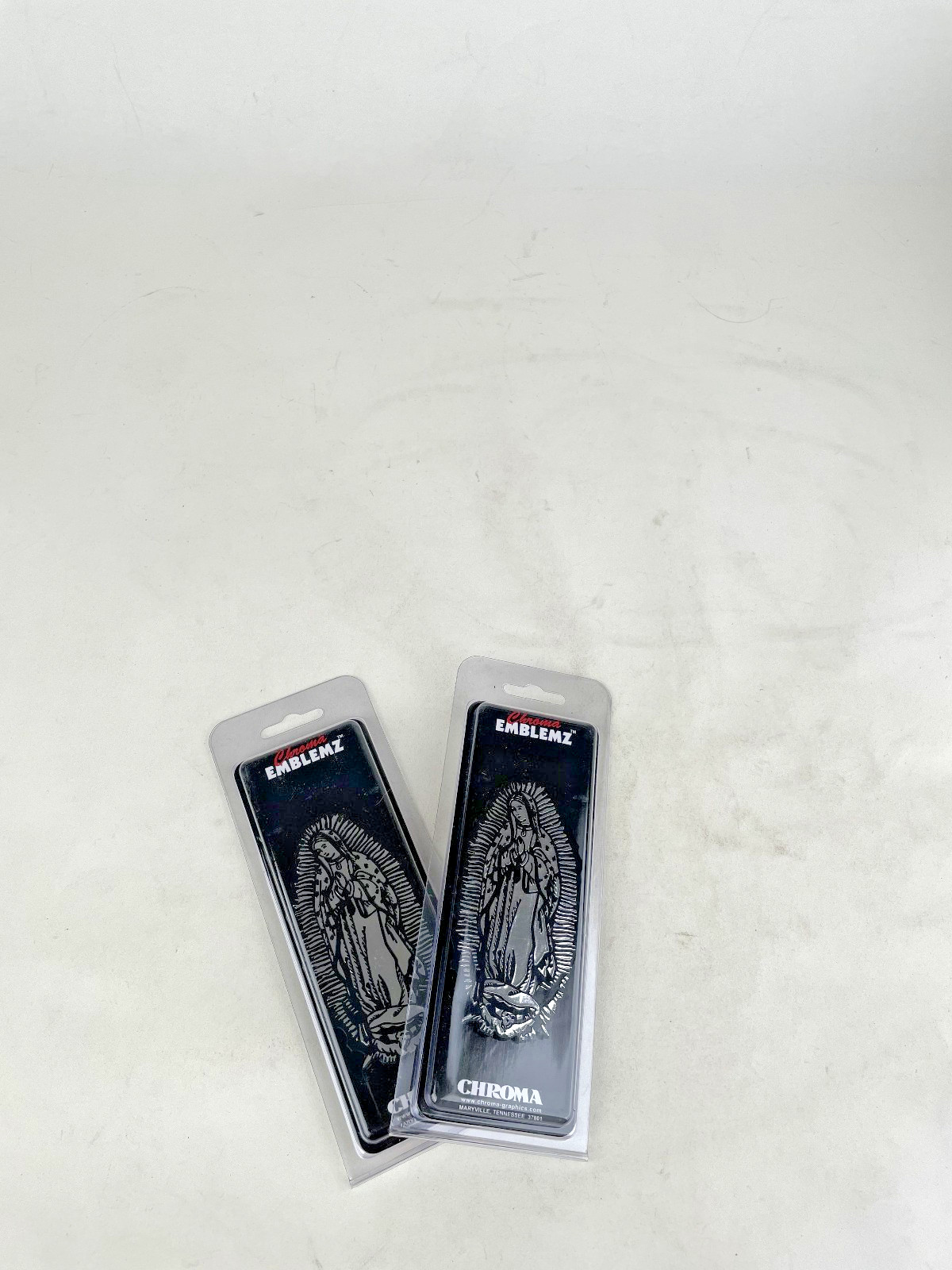 Plastic Emblem Decal Chrome Our Virgin of Lady of Guadalupe 2 Pak Set
