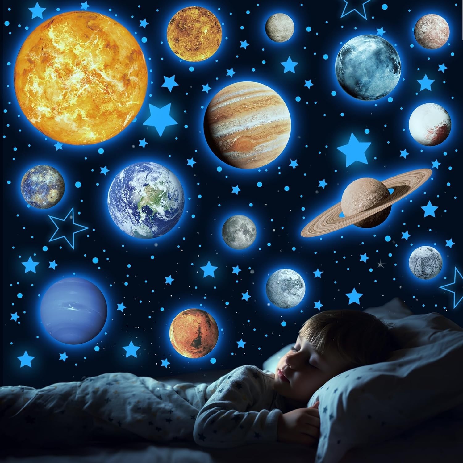 Glow in The Dark Stars Planets Wall Decals Kids Room Ceiling Stickers Blue