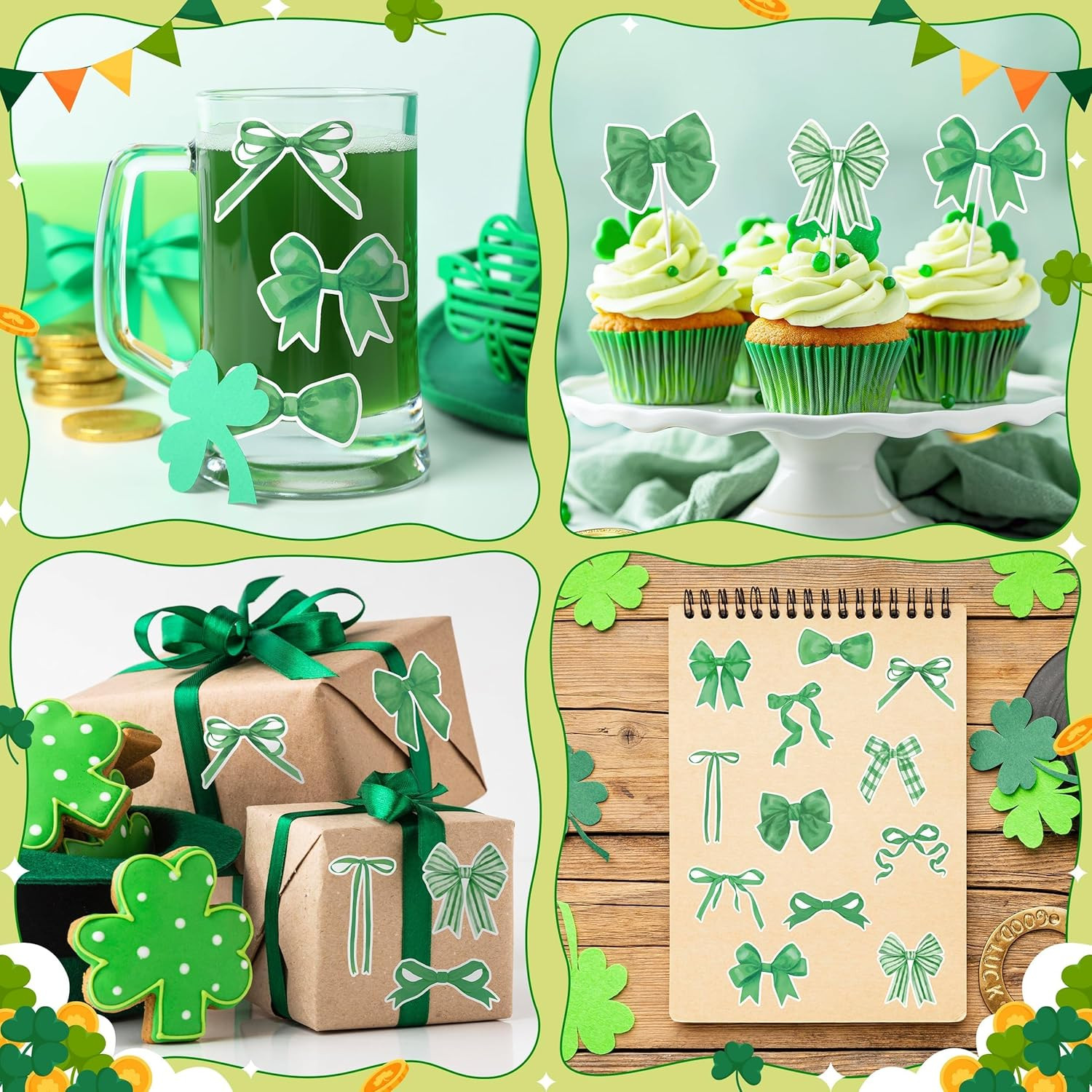 Spring Green Bow Roll Stickers – 1000 Pcs Waterproof Vinyl Decals