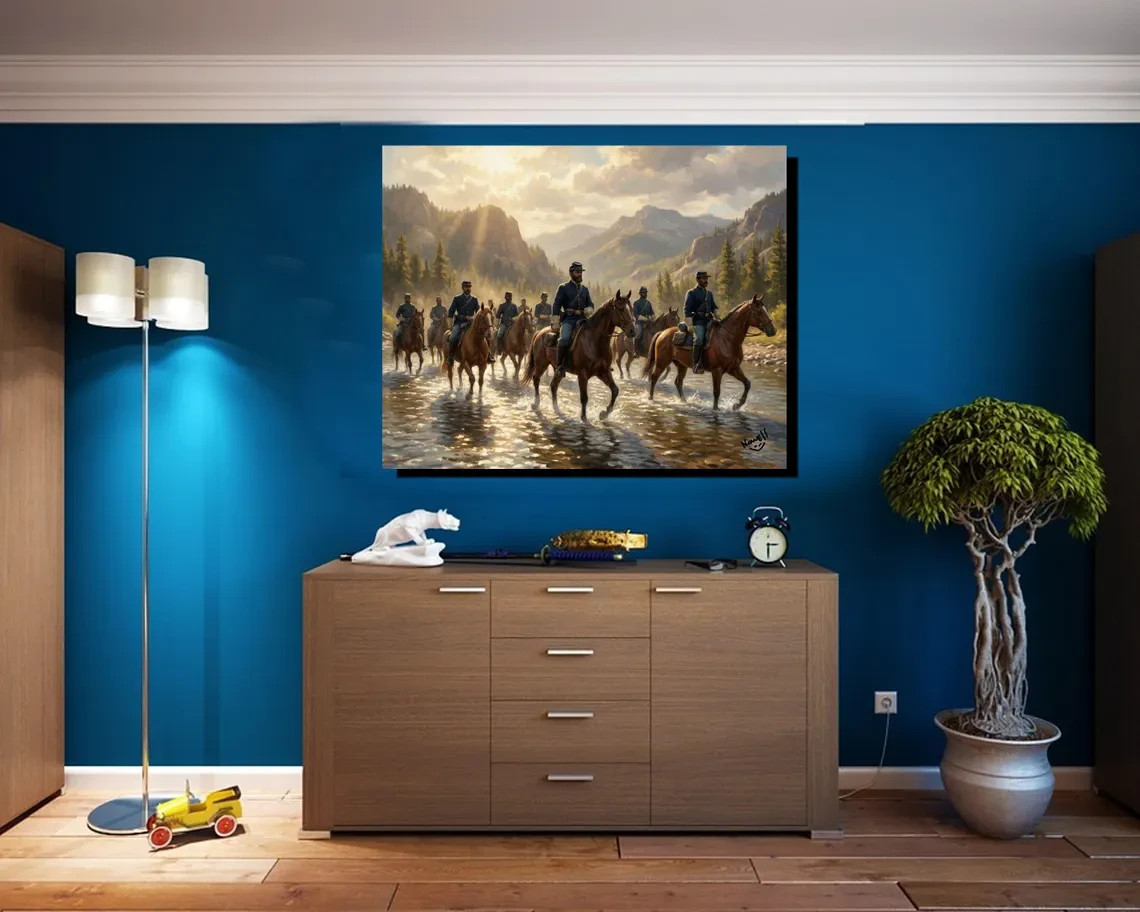 African American Buffalo Soldiers On Horseback 1870 River Crossing Canvas Wrap