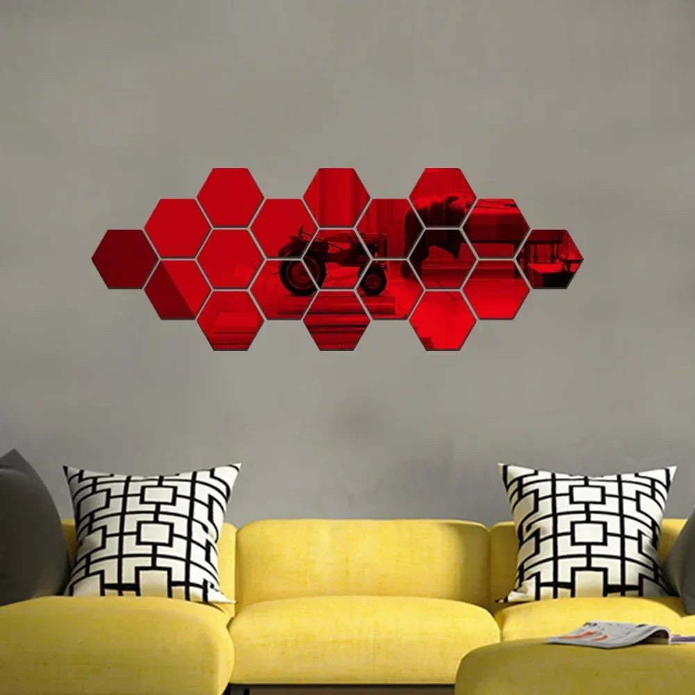 12pcs Hexagon Acrylic 3D Mirror Wall Sticker Home Decor Self-adhesive Mirror