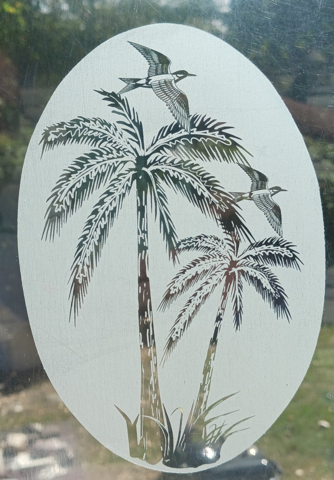 Palm Tree Window Decal 20"x30"OVAL Etched Glass Look Cling Removable &Reusable 3