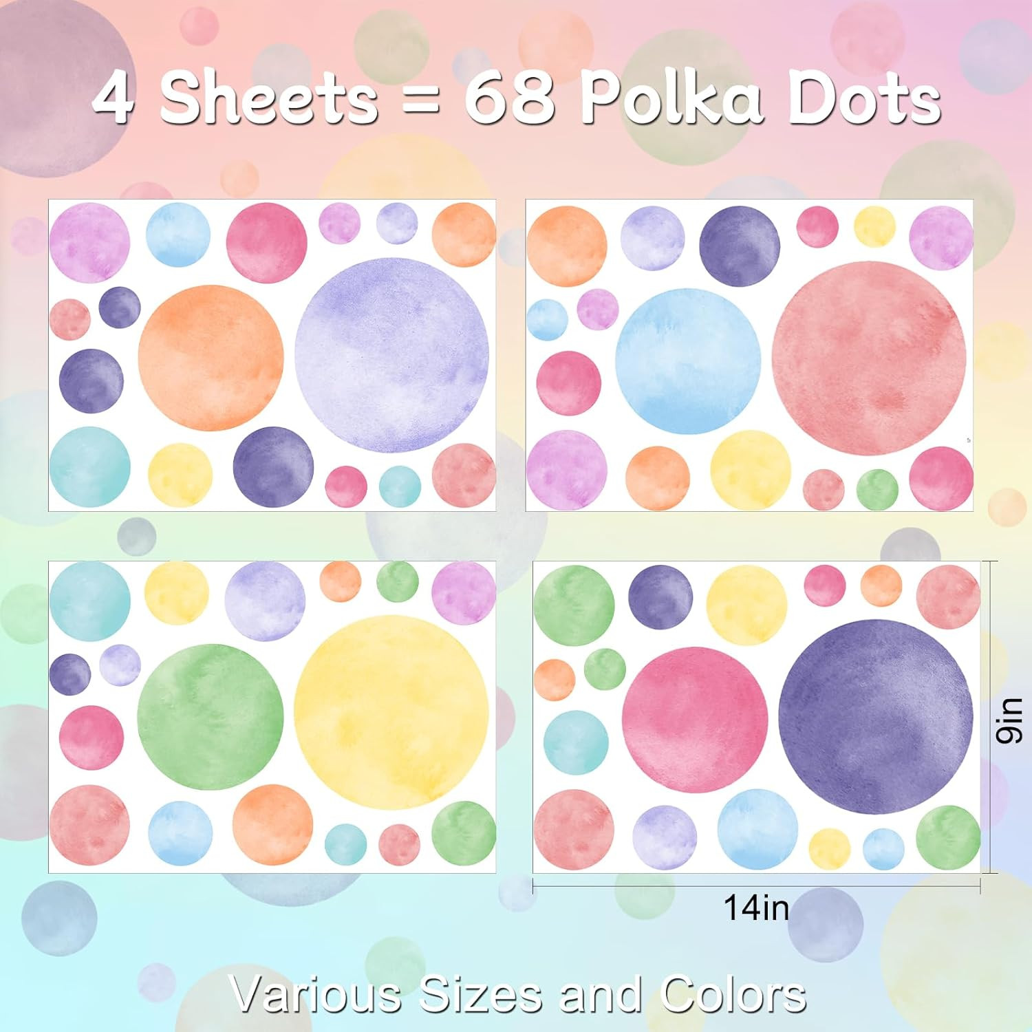 68 Large Watercolor Polka Dot Wall Decals, Peel and Stick Vinyl Stickers for Gir