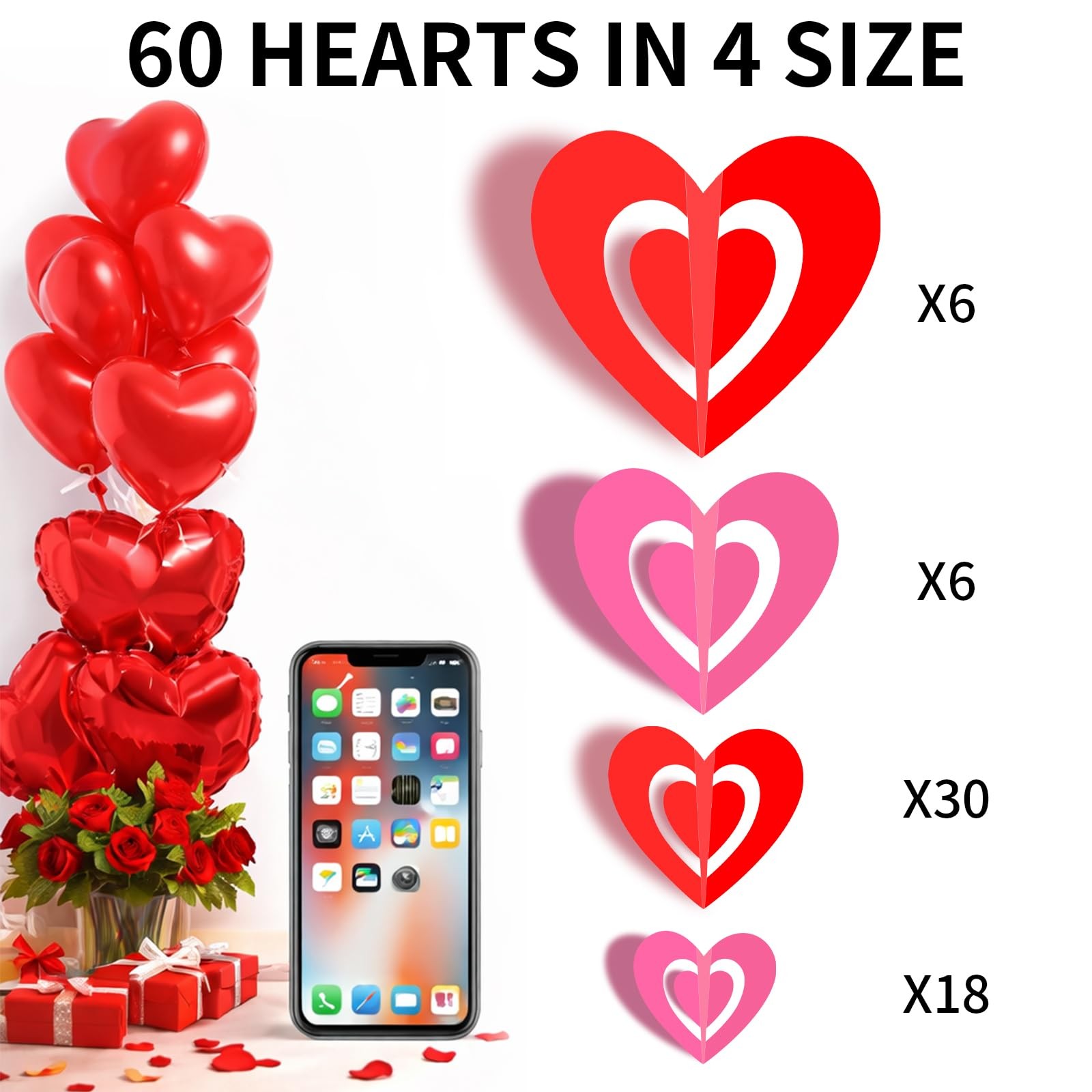 60 Pcs Valentines Day Wall Decals, 3D Valentines Day Stickers Heart Wall Stic…