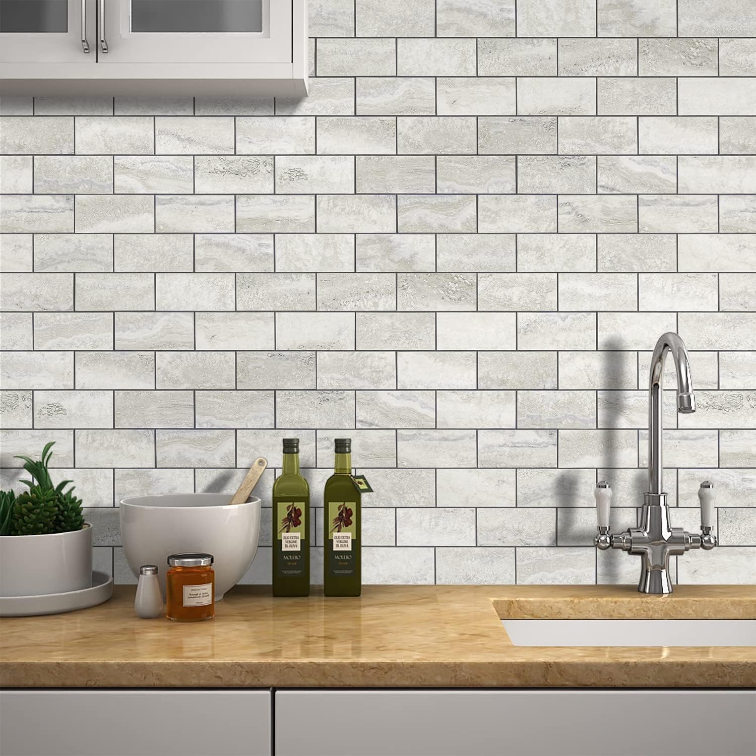 STICKGOO 10-Sheet Subway Tile 11.58×11.35×0.16 inch, Beige Mixed Light Grey