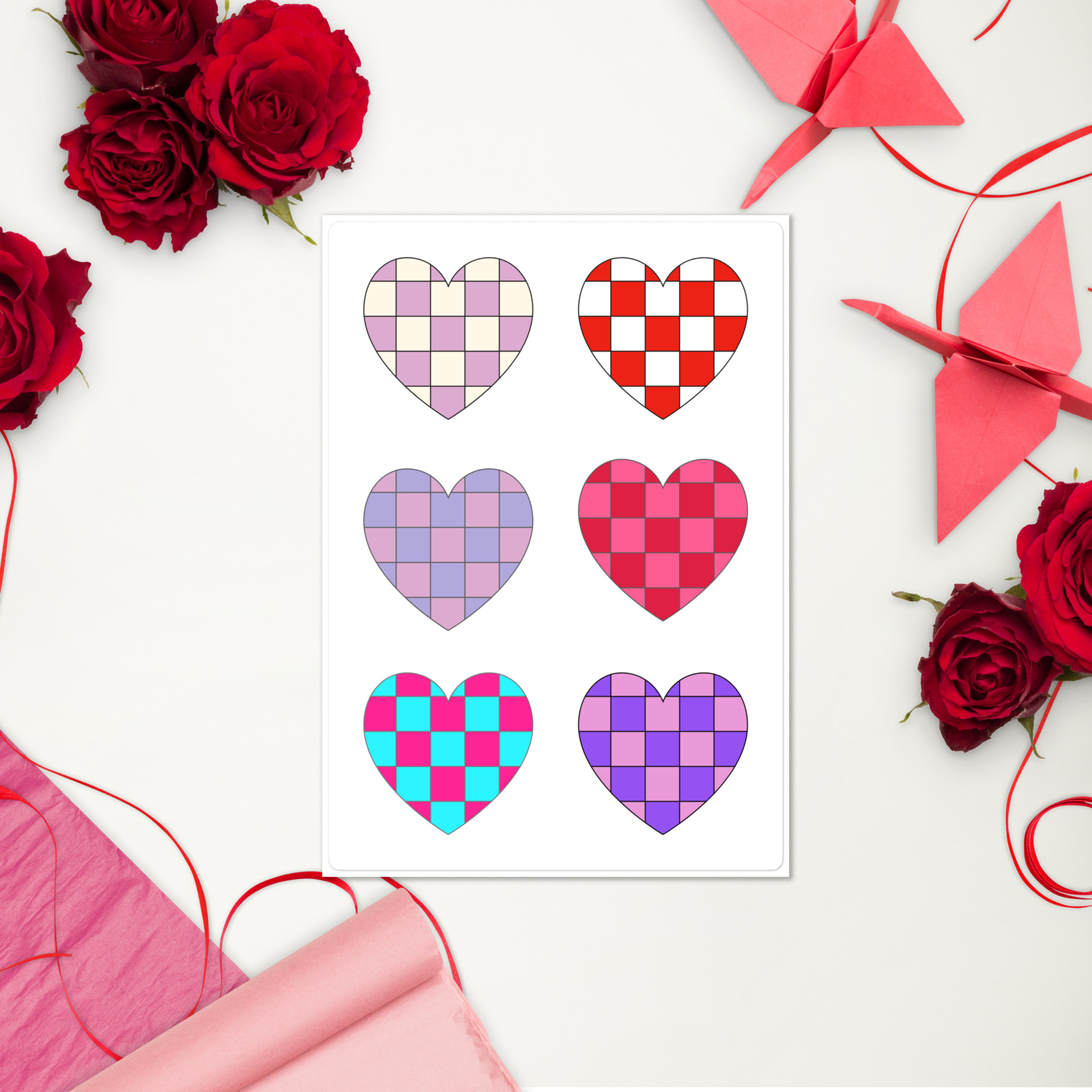 6 Retro Heart Stickers – Hearts Sticker Sheet – Multi-Colored