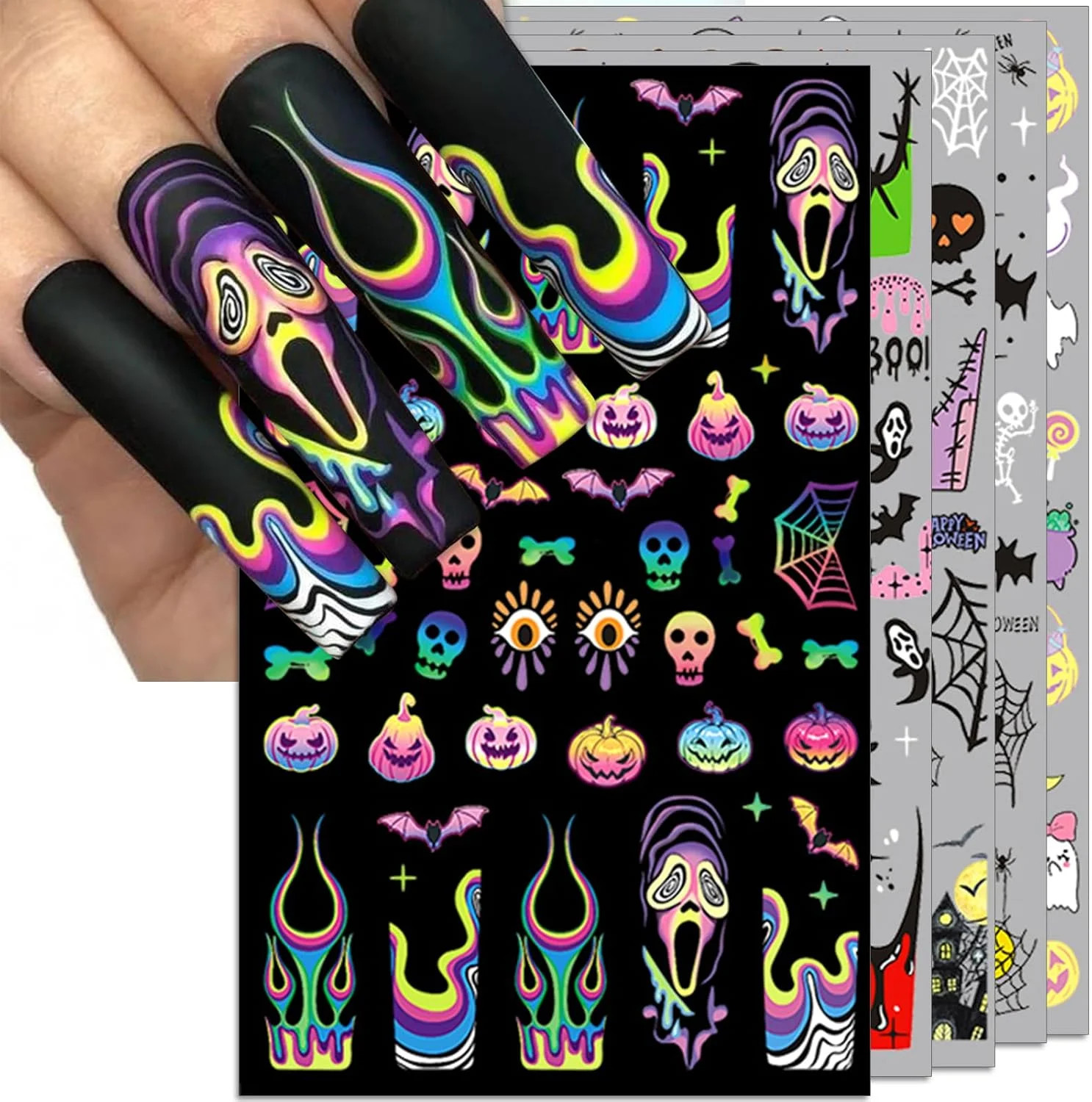 IDDFEVE Halloween Nail Art Stickers, Gradient Pumpkin, Horror Mask Nail Decals,