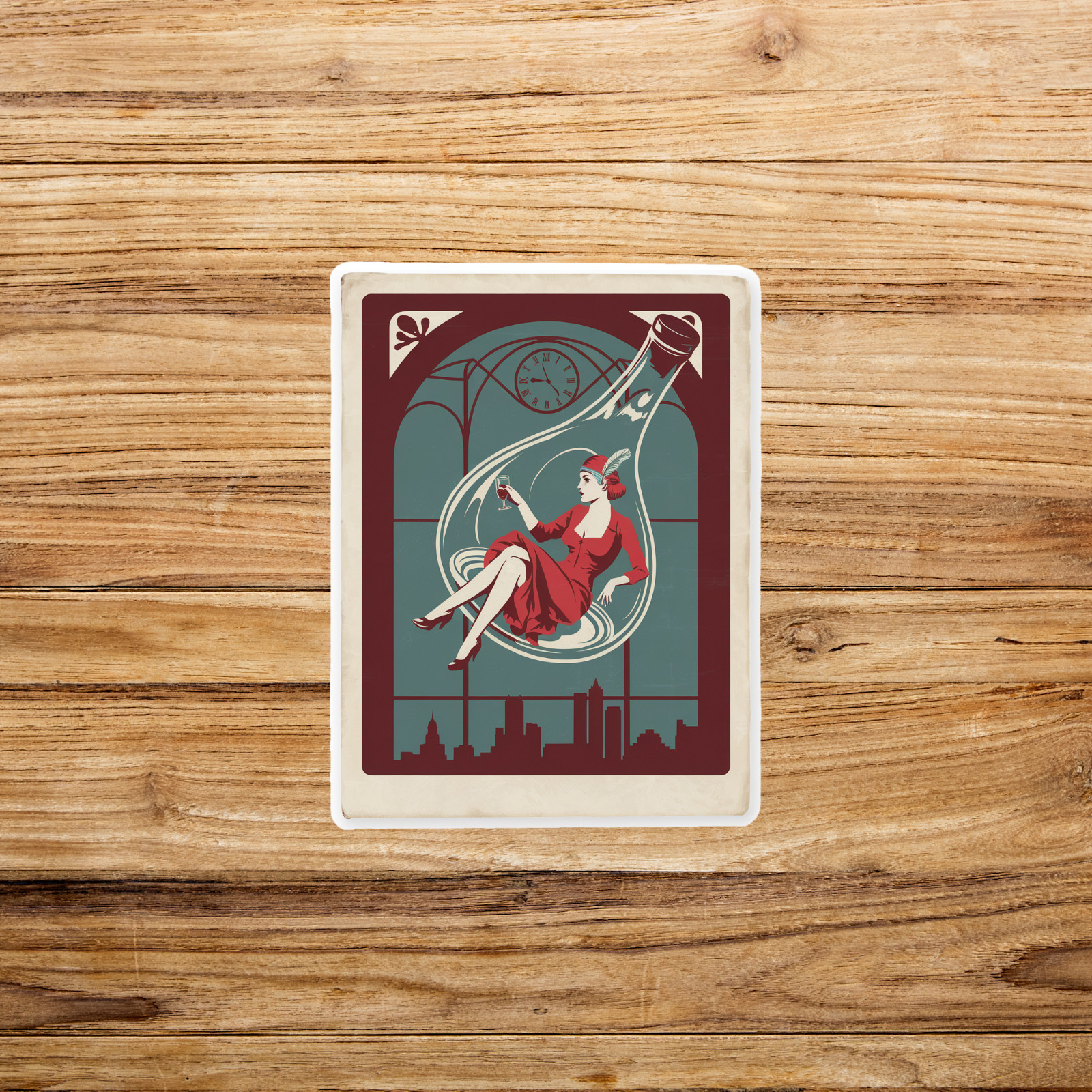 Retro Art Deco Flapper Girl in Red Dress Holding Wine Glass Sticker #3255