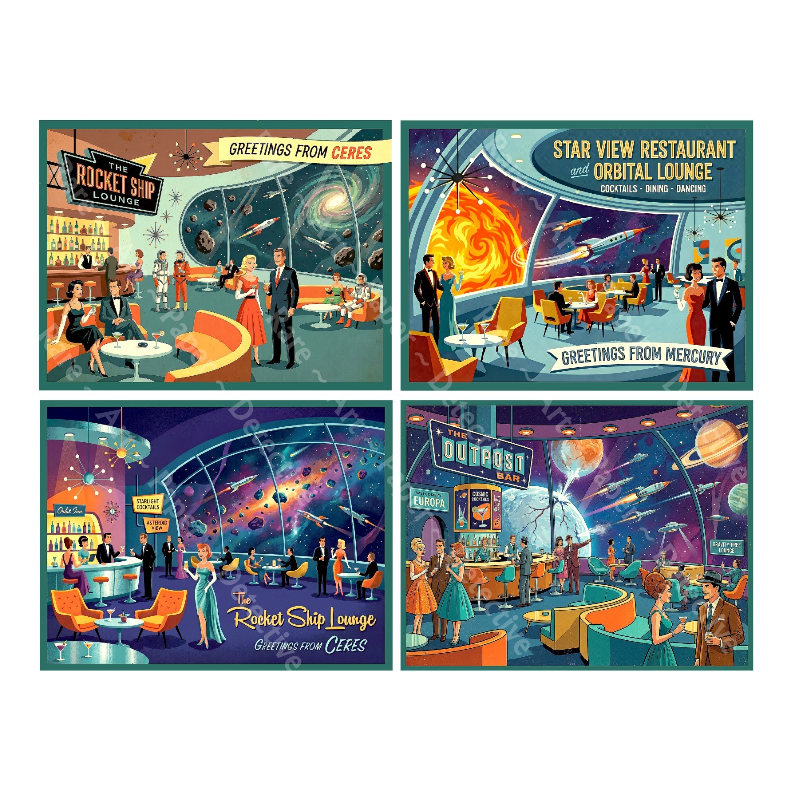 Space Adventure Bar Stickers, Mid-Century Modern, 4 Labels on 1 Sheet, 1542