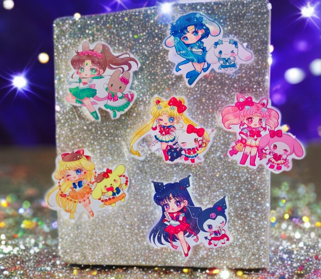 Sailor Moon x Sanrio Sticker SET OF 6, Clear Decals 3.5” Hello Kitty Kuromi