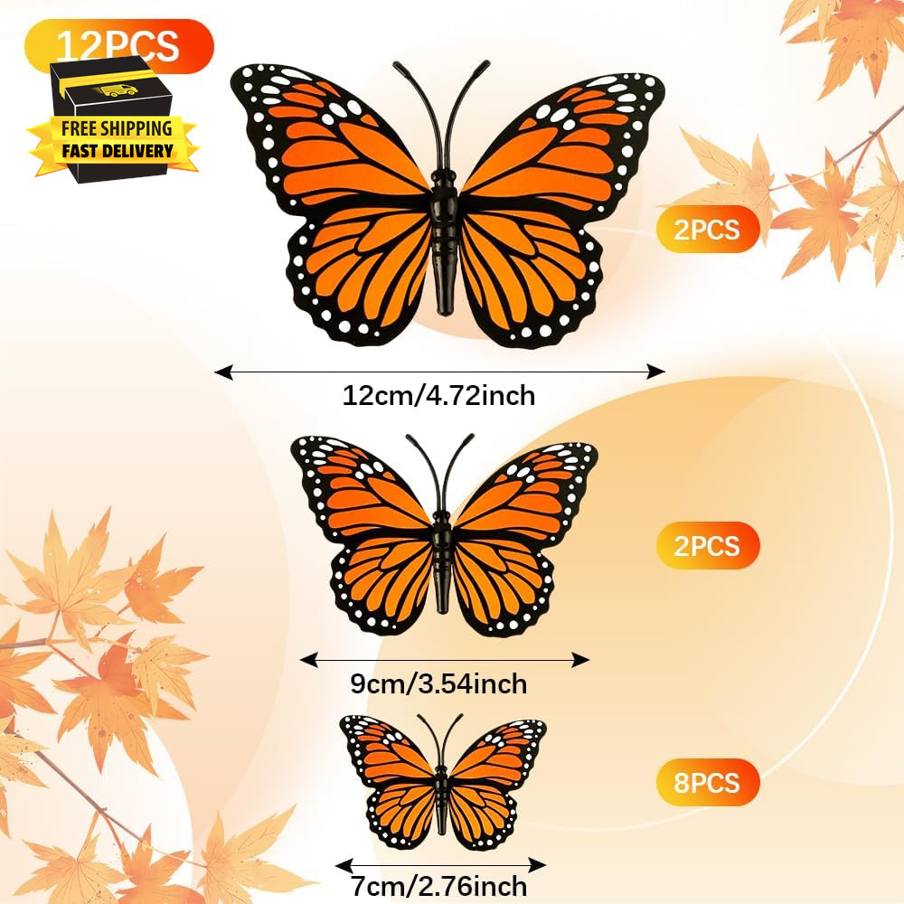 Monarch Butterfly Decorations, 3D Halloween Butterfly Wall Decor, 12Pcs Orange F