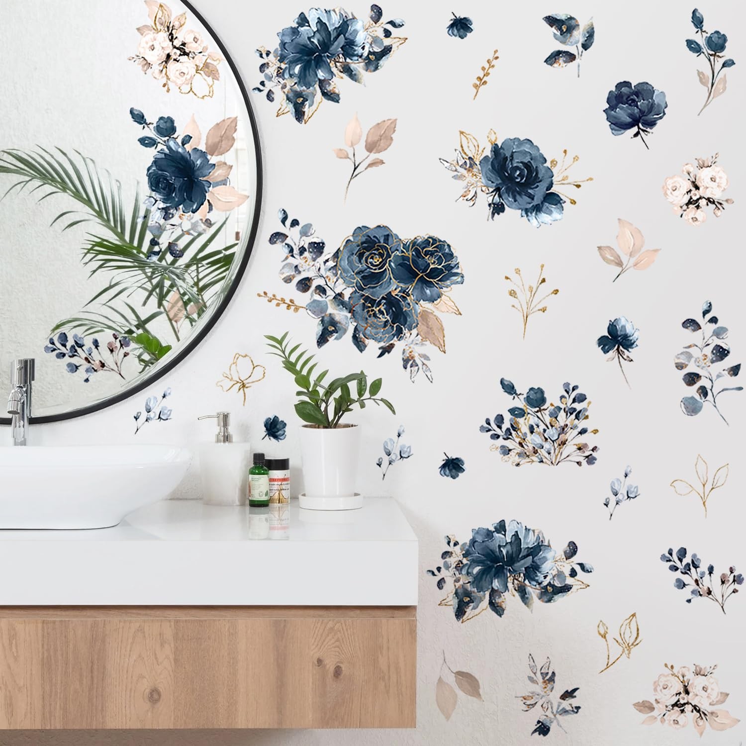Blue Peony Flower Wall Decals Peel and Stick Rose Leaf Botanical Wall Sticker…