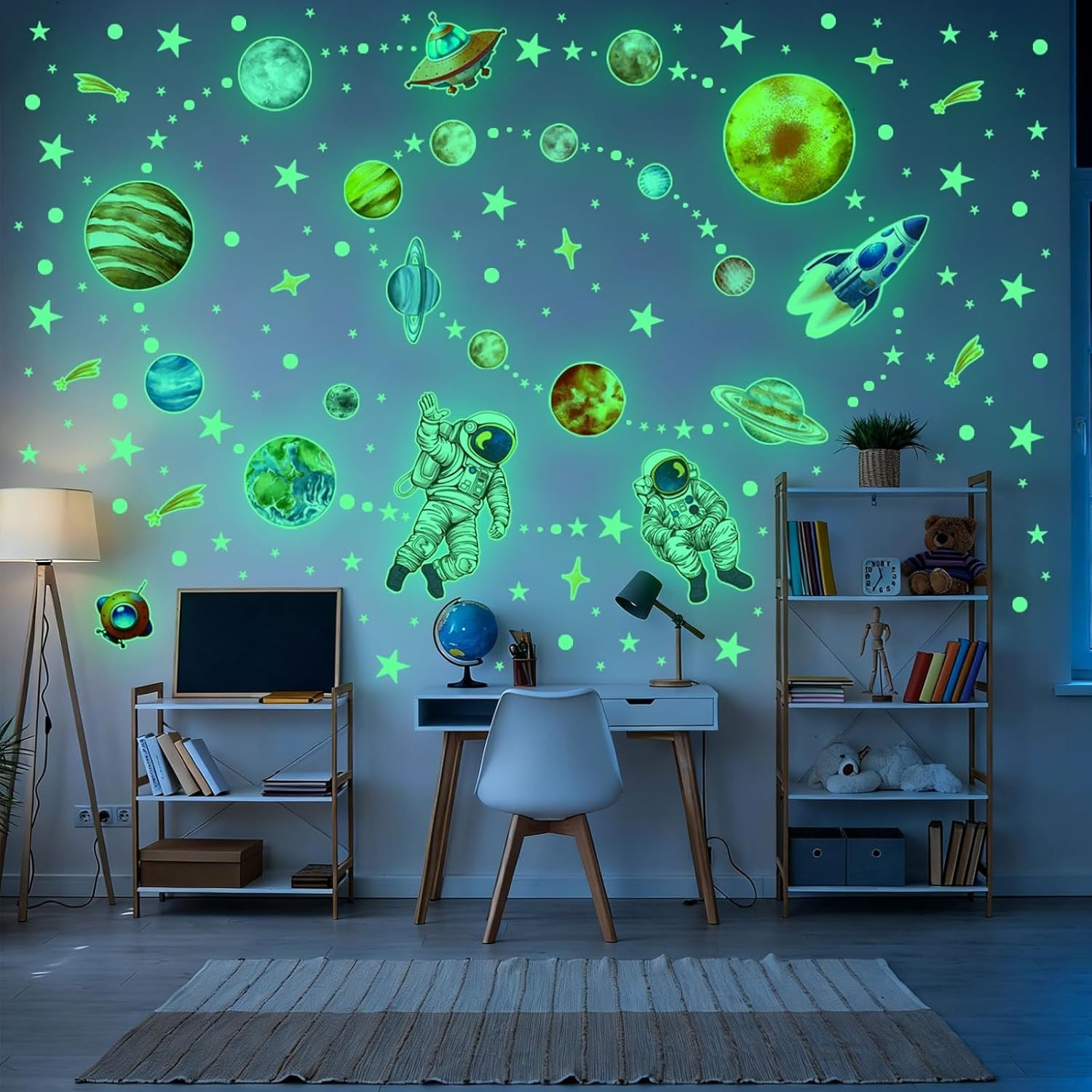 Glow in the Dark Star Space Wall Decals, 4 Sheets, Removable Peel and Stick Deco