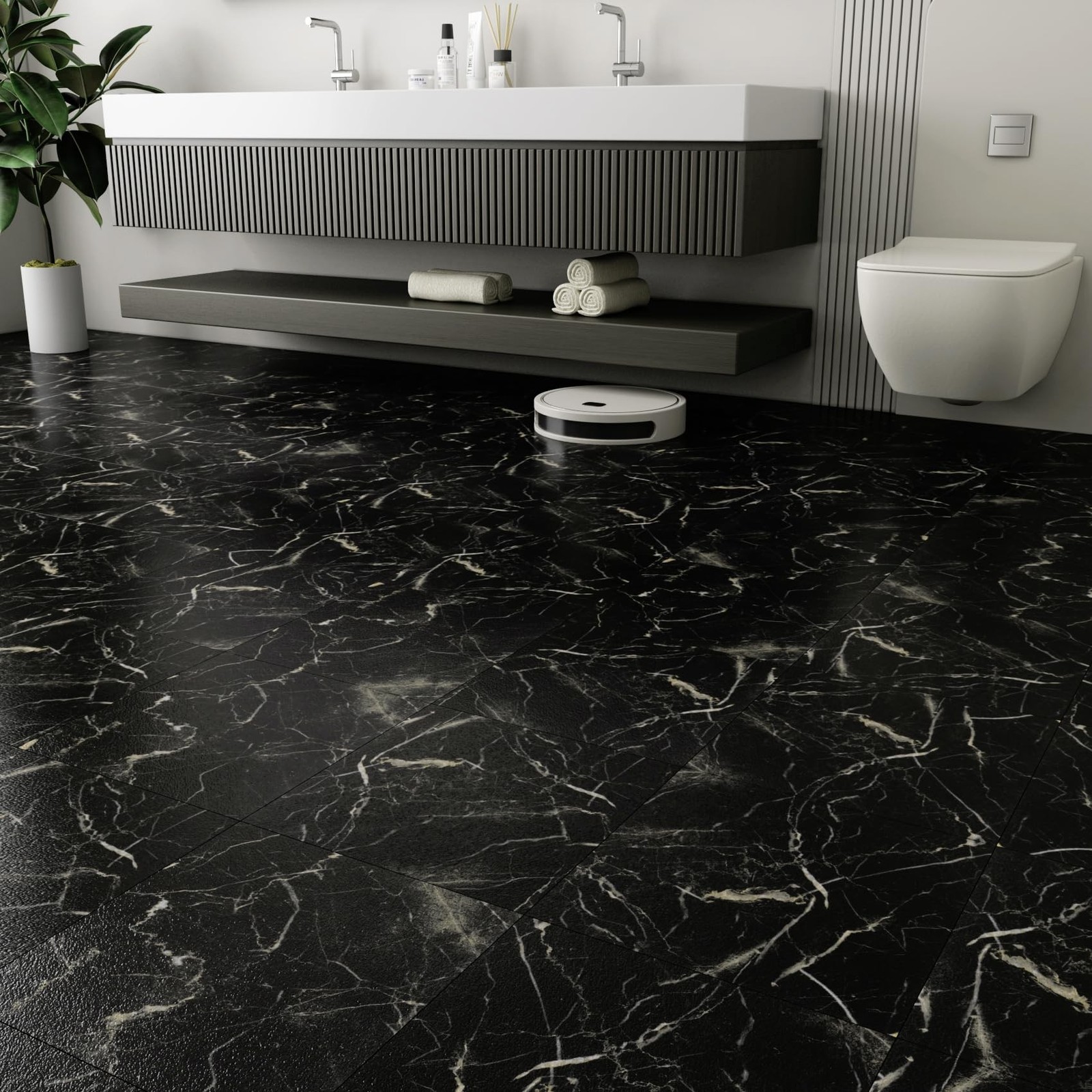 LaCheery 12×12 Peel and Stick Floor Tile Waterproof Bathroom Black Marble Pee…