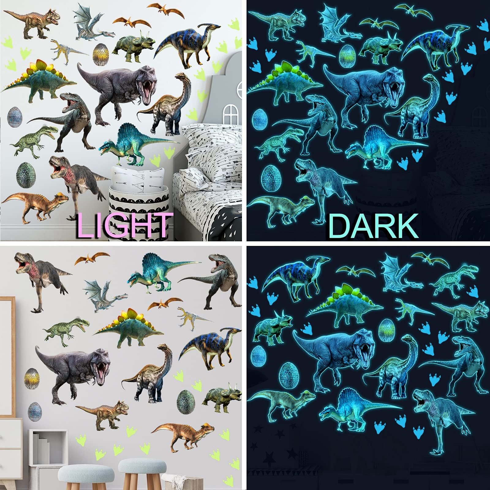 Glow in the Dark Dinosaur Wall Decals Stickers for Kids Bedroom Nursery Decor