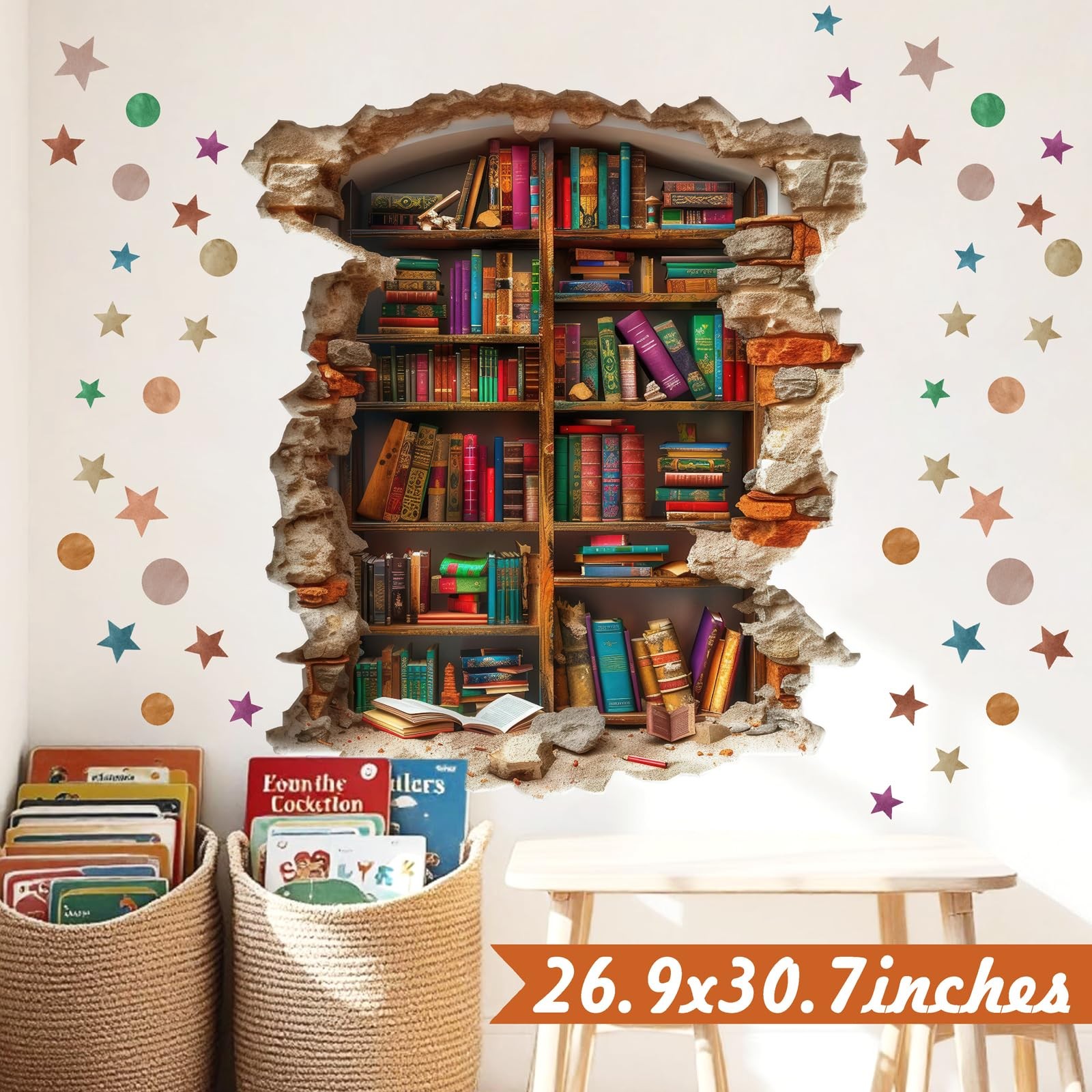 Large Vintage Book Wall Stickers 3D Broken Wall Decals Peel and Stick Reading…
