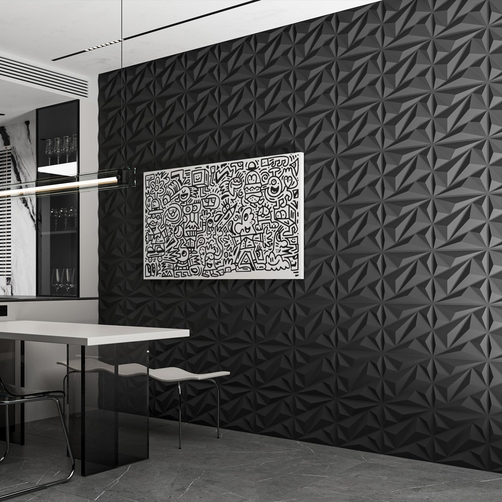 33 Pack 3D Diamond Wall Panels – Black PVC Accent Decor for Living Room, Office,