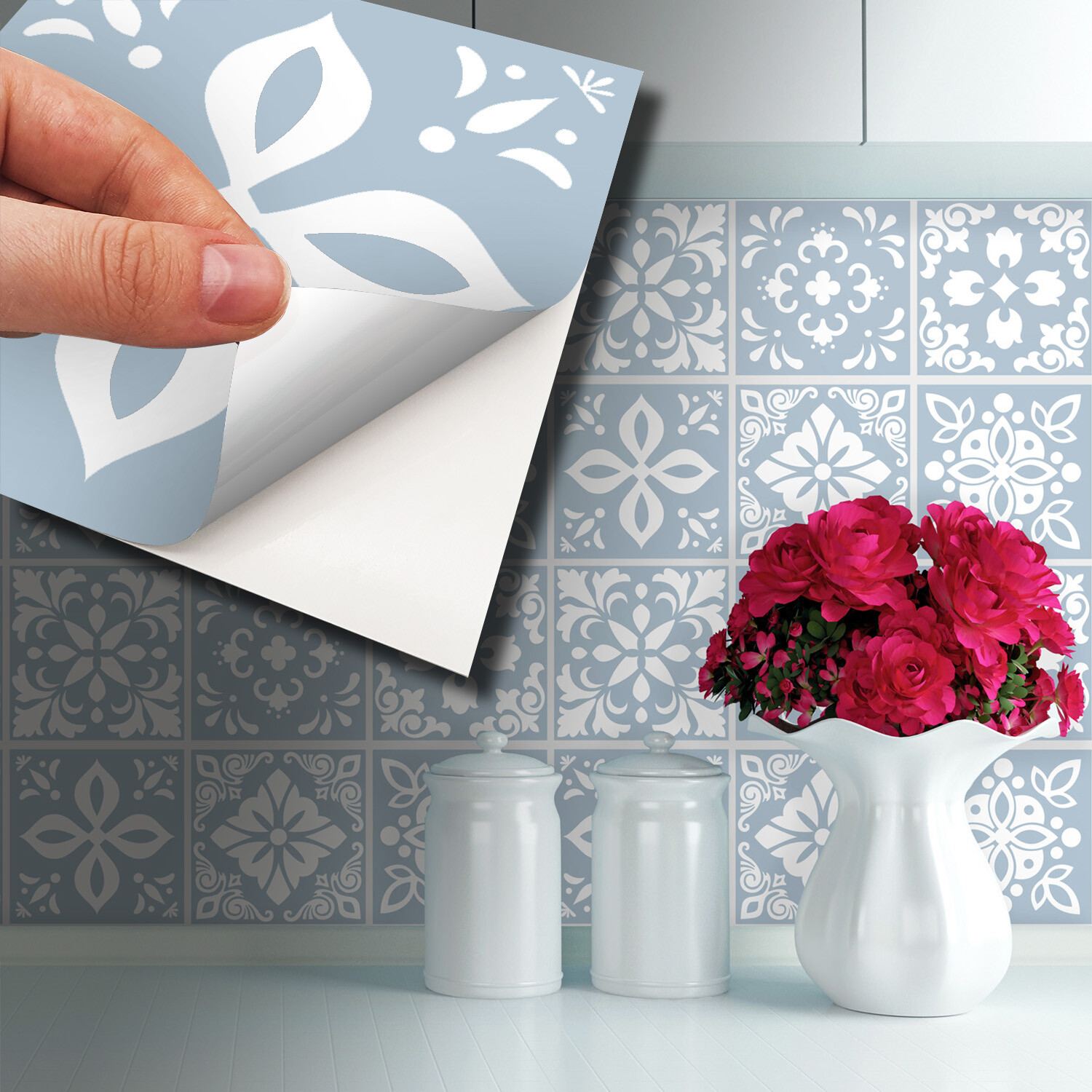 24pcs 6"x6" Triana Blue Grey Cemente Spanish Peel and Stick Tiles Backsplash DIY