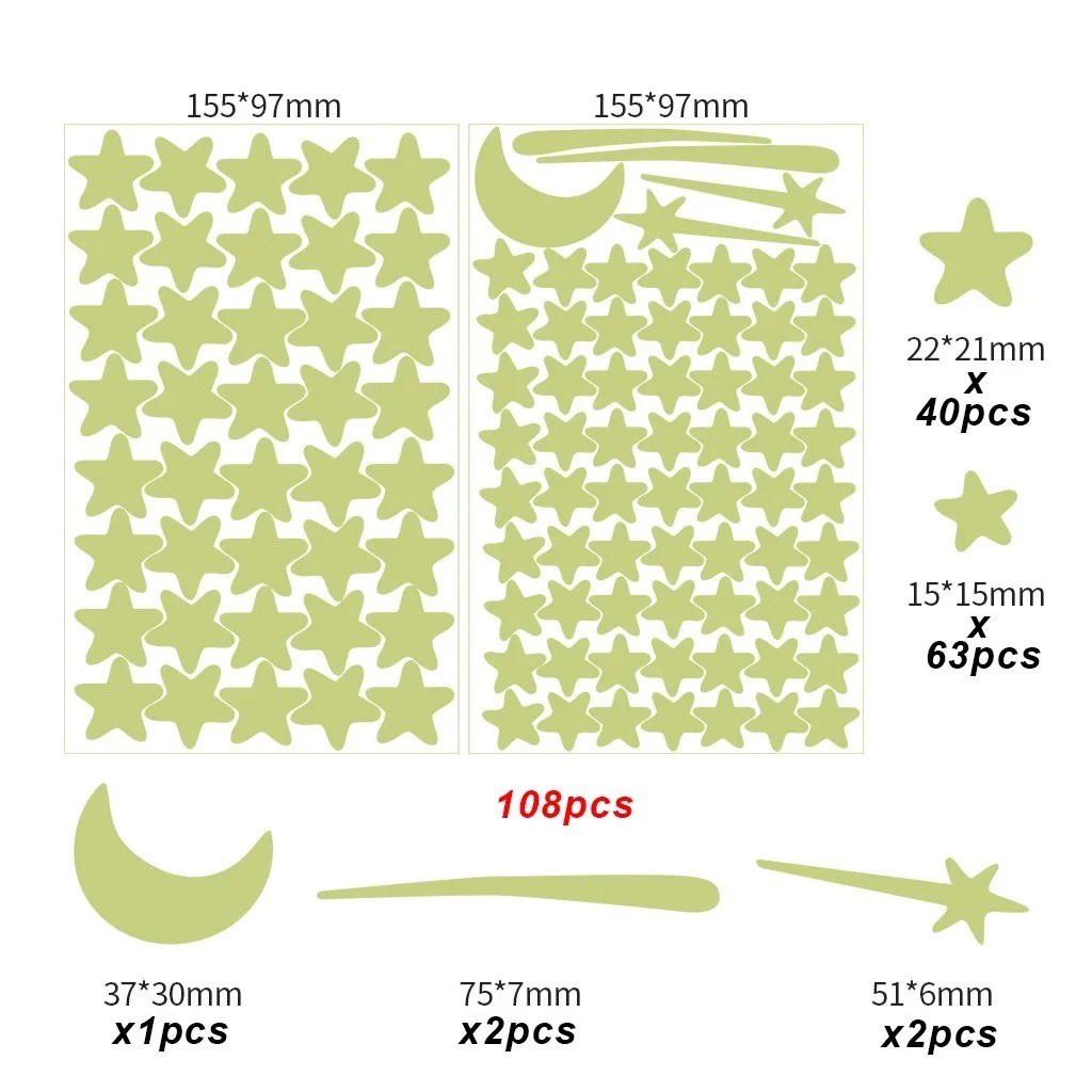 108PCS Glow in the Dark Moon Stars Wall Stickers Kids Bedroom Ceiling