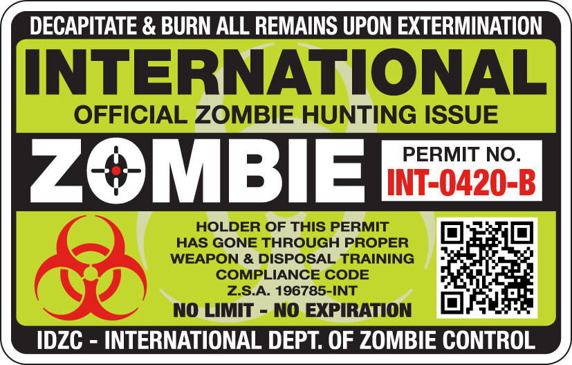 International ZOMBIE HUNTING Permit – Green – Full Color Decal/Sticker