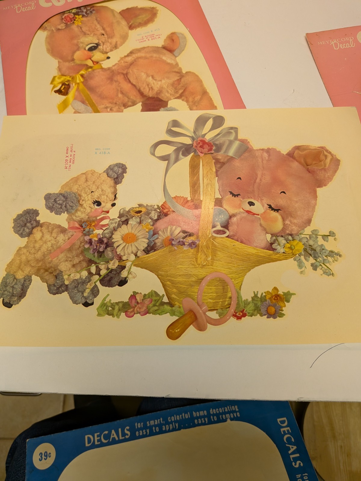 3 Vtg 60's Anthropomorphic Bears & Lamb CUTIES Decals Meyercord Fuzzy Wall Decor