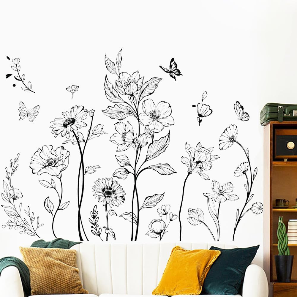 Boho Black Flower Wall Decals Simple Wildflower Floral Wall Stickers for Girls B