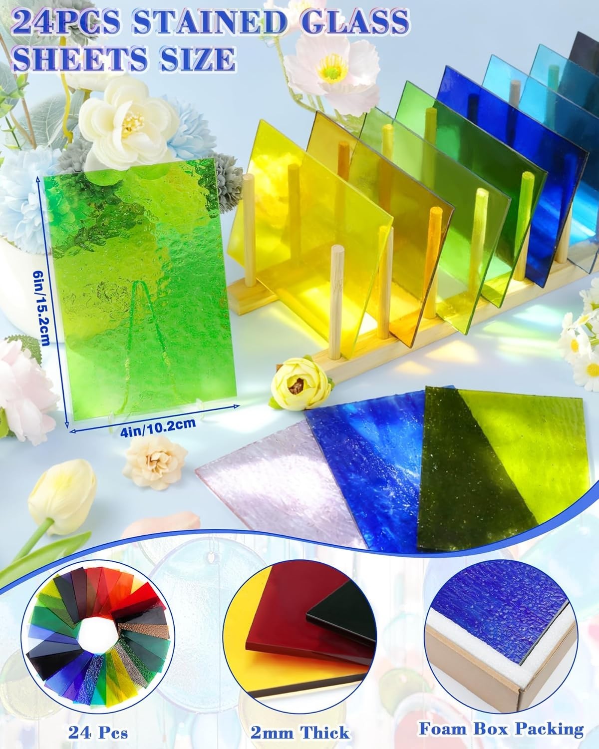 24 Sheets Rainbow Transparent Stained Glass Sheets 4X6 Inch – Mixed Color Staine