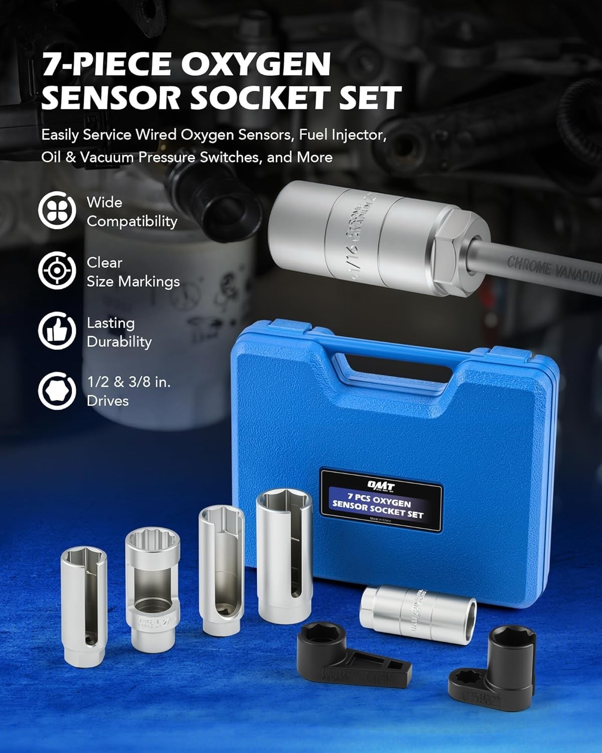 7pc Oxygen Sensor Socket Set, 1/2 & 3/8 in. Drive O2 Sensor Removal Set with …