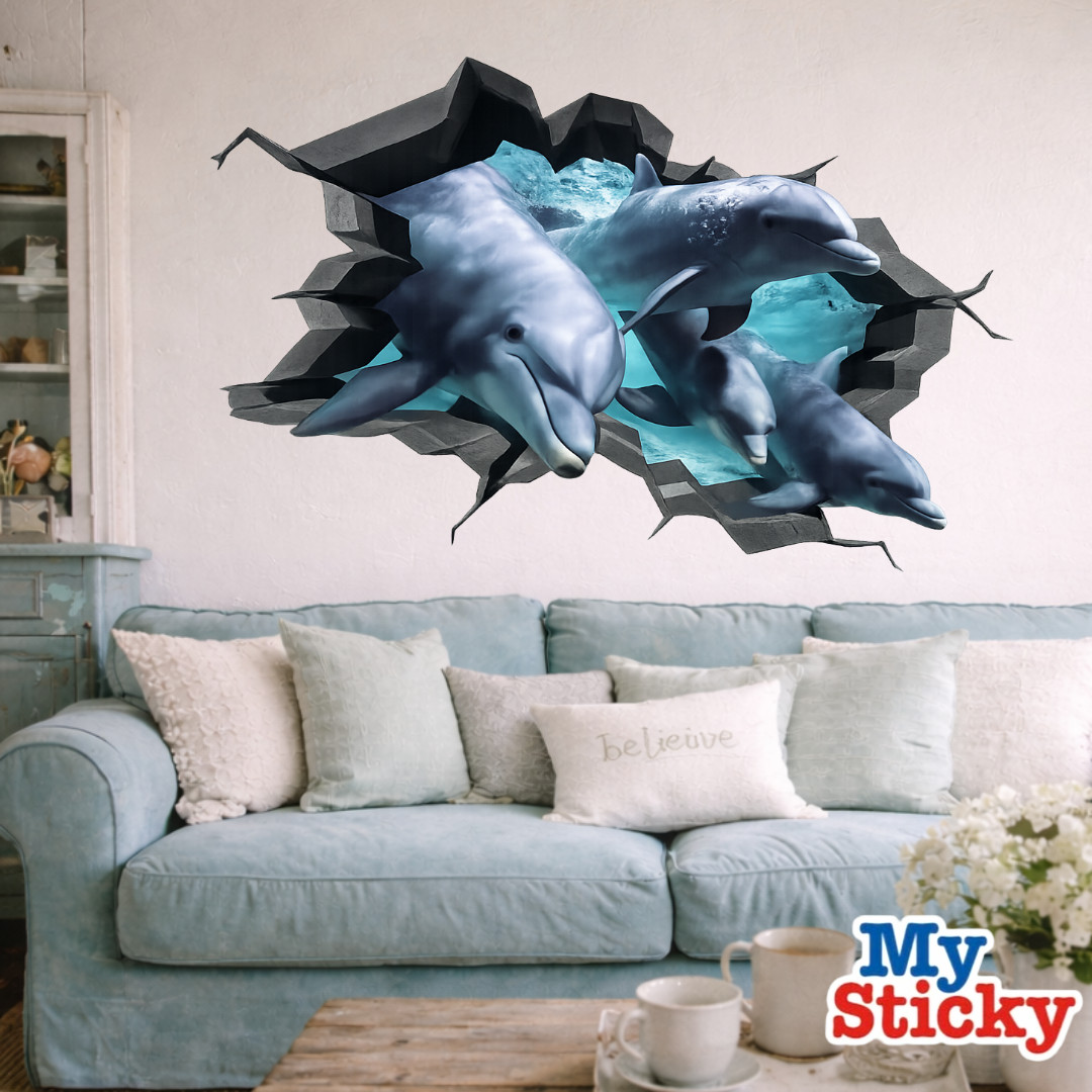 3D Pop Art Dolphin Wall Decal MySticky Ocean Breakthrough Marine Decor Sticker
