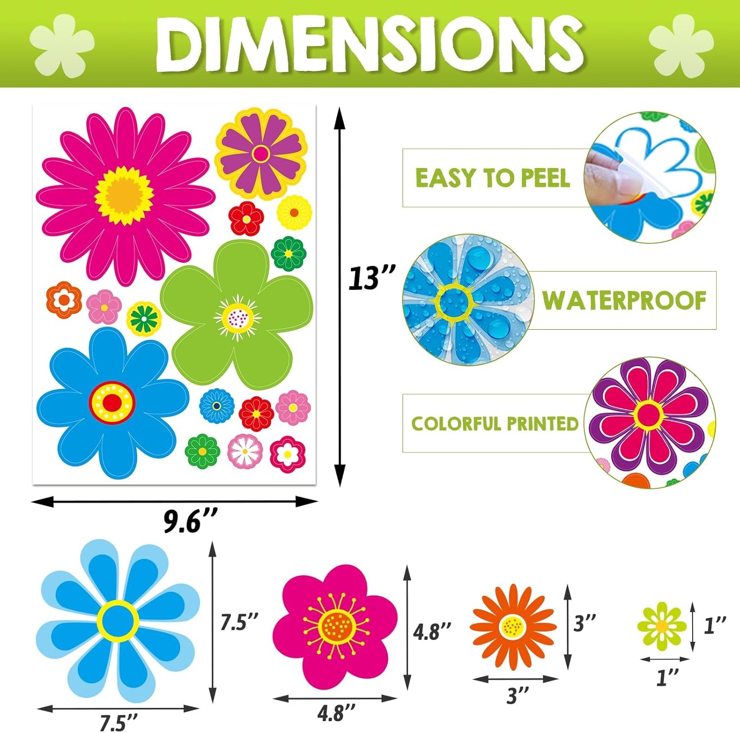 Fancy Land Daisy Stickers 180Pcs Flower Car Decals Vinyl Multicolor