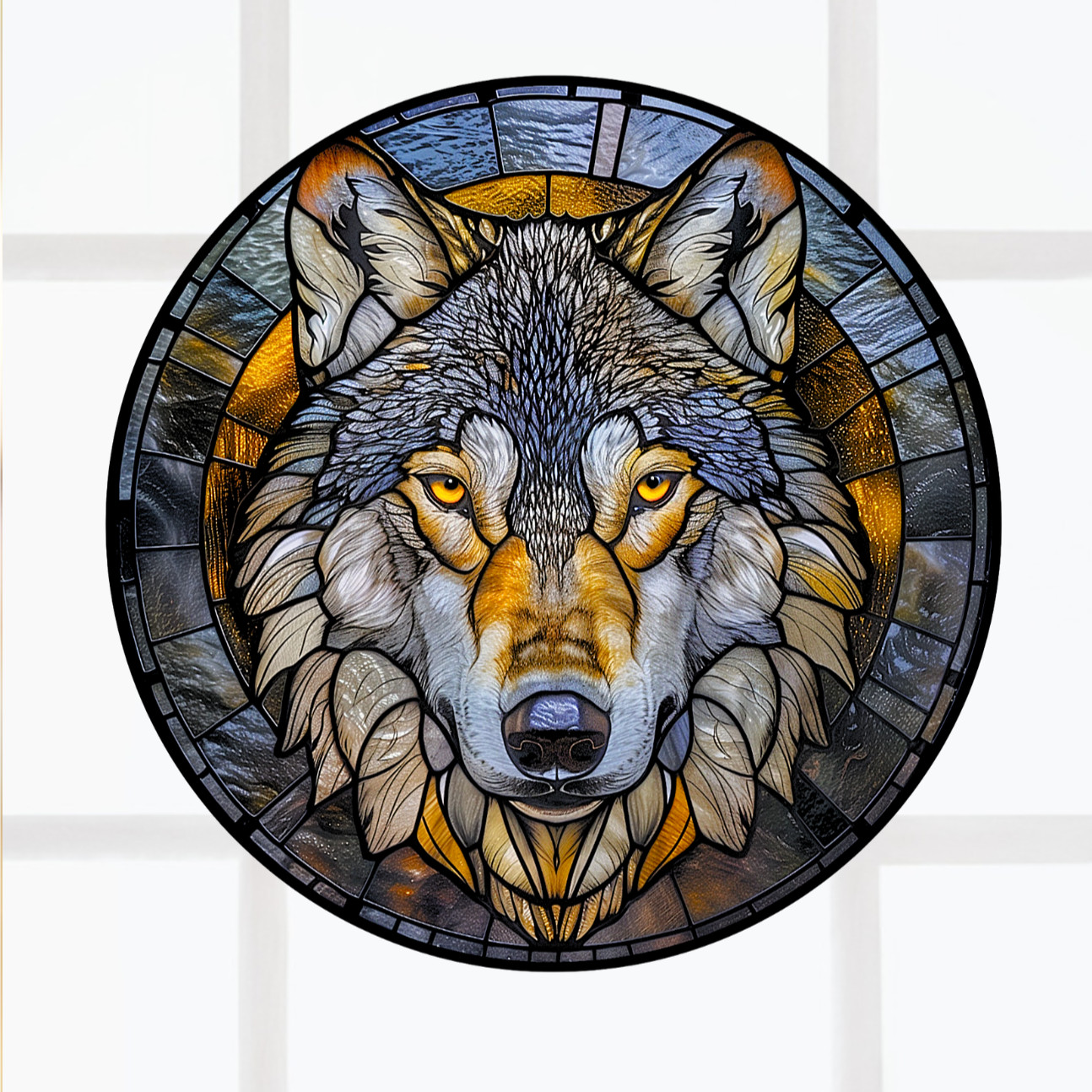 Wolf Faux Stained-Glass WINDOW CLING Sun-catcher Size 8" Round Vinyl