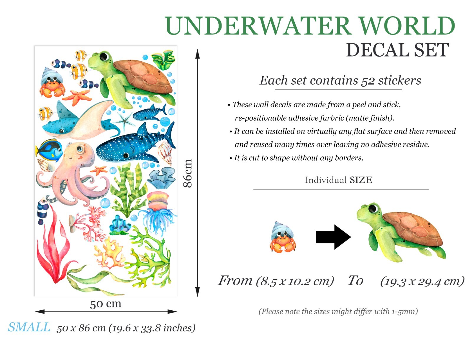 Underwater World Baby Whale Turtle Seahorse Coral Removable Wall Decal Stickers