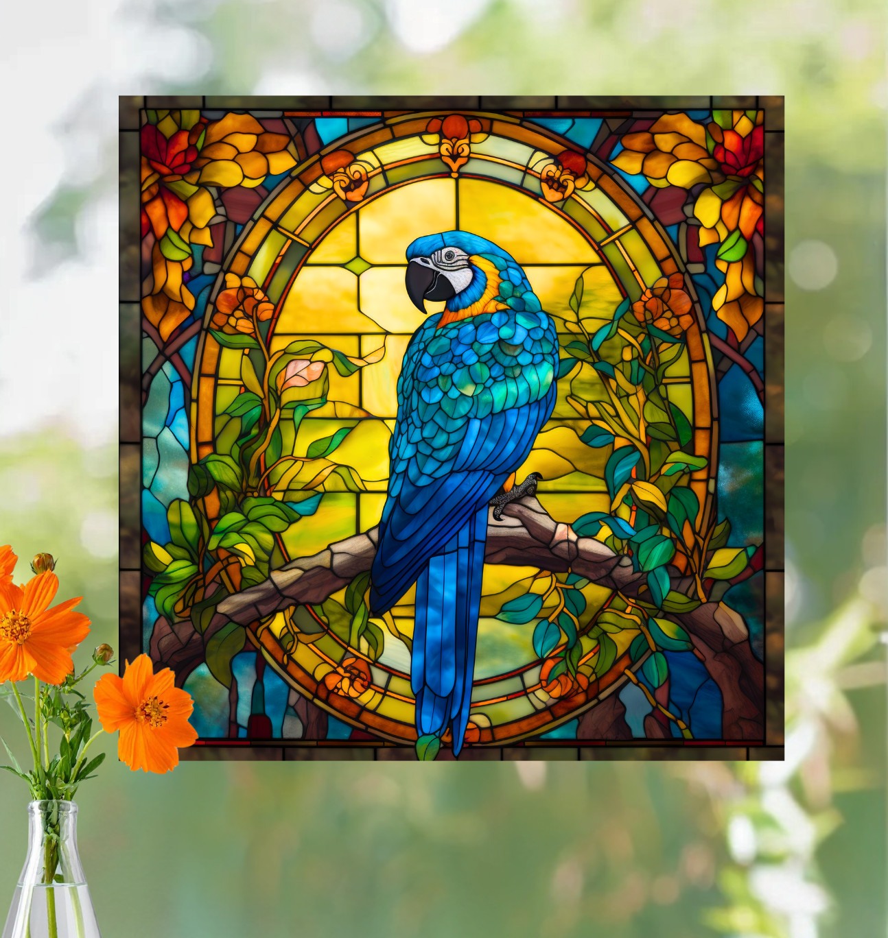 Blue Macaw Parrot Faux Stained-Glass WINDOW CLING Size 8" Square Vinyl